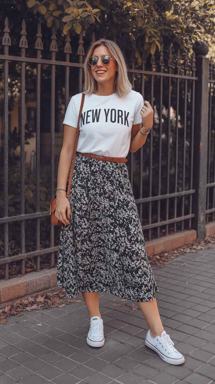 Travel outfit ideas 2026 Graphic Tee and Midi Skirt for Urban Adventures
