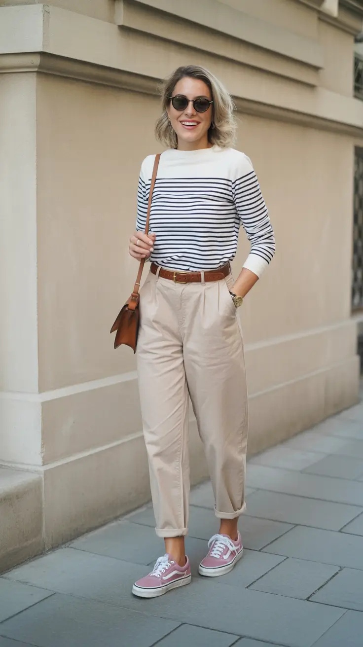 Travel outfit ideas 2026 Breton Stripes and Tapered Chinos for Classic Sightseeing