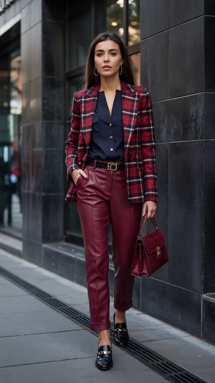 Trendy office outfits for work 2026 – Burgundy Plaid Power Look For Busy Office Days