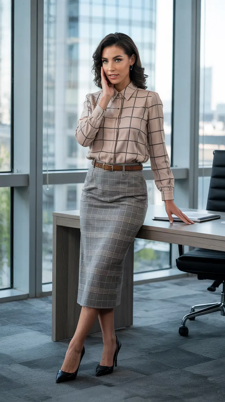 Trendy office outfits for work 2026 – Checked Pencil Skirt And Blouse For Meeting Rooms