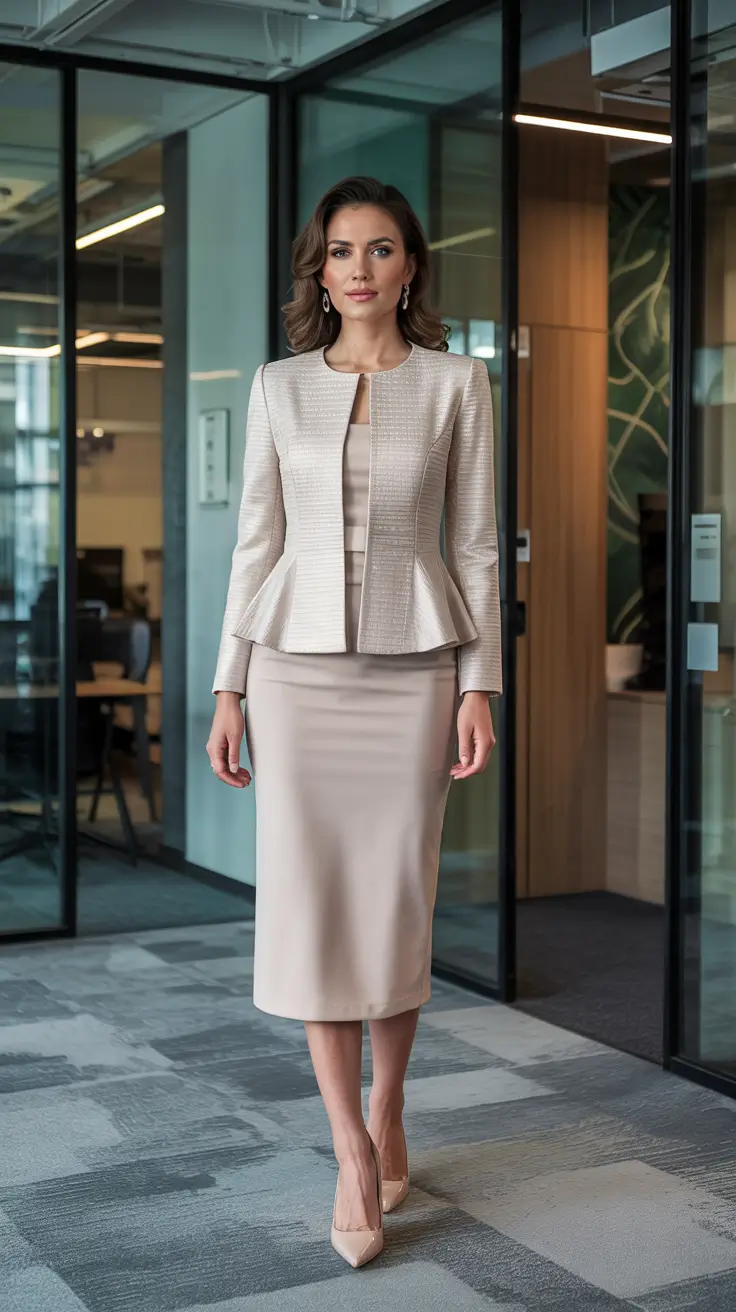 Trendy office outfits for work 2026 – Soft Neutral Suiting With Peplum Jacket