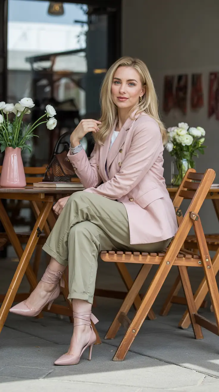 Trendy office outfits for work 2026 – Soft Pink Blazer And Khaki Trousers For Café Office Days