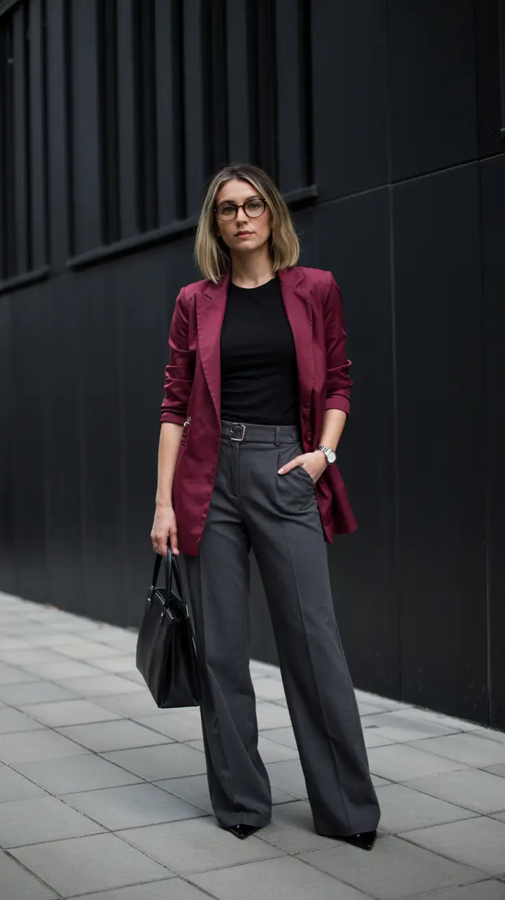 Trendy office outfits for work 2026 – Burgundy Blazer And Wide-Leg Trousers For Urban Edge