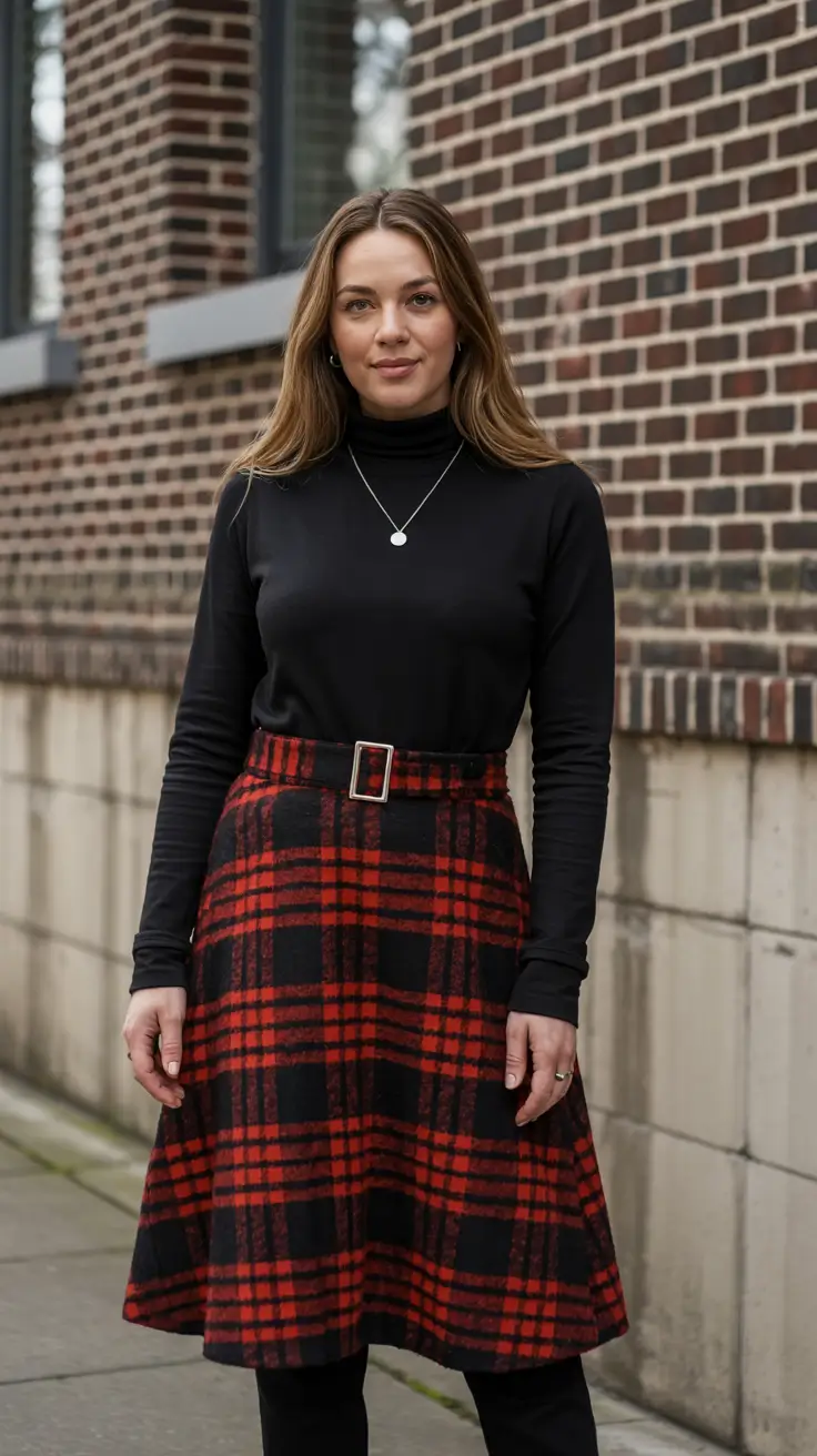 Trendy office outfits for work 2026 – Checked Midi Skirt And Black Knit For Classic Autumn Days