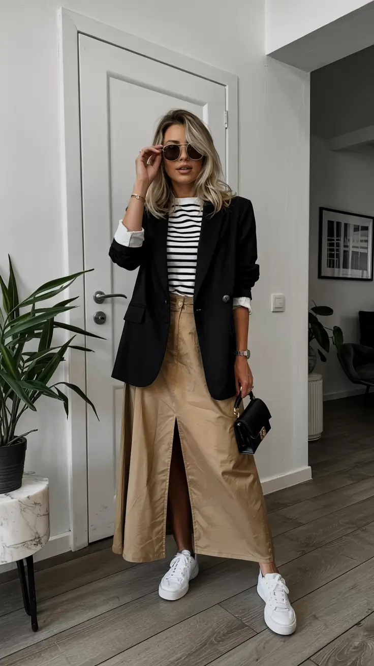 Trendy office outfits for work 2026 – Striped Tee, Slit Skirt, And Sneakers For Relaxed Workdays
