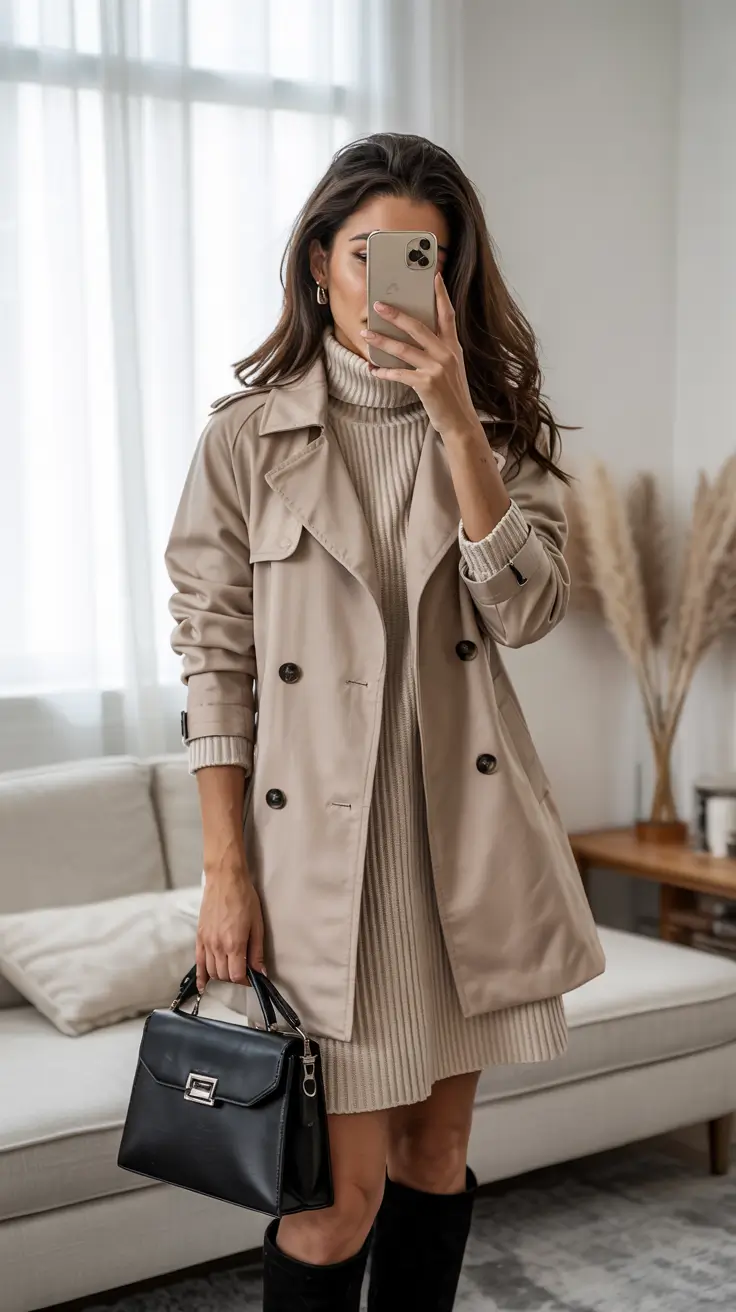 Trendy office outfits for work 2026 – Trench Coat And Sweater Dress For Cozy Work Winters