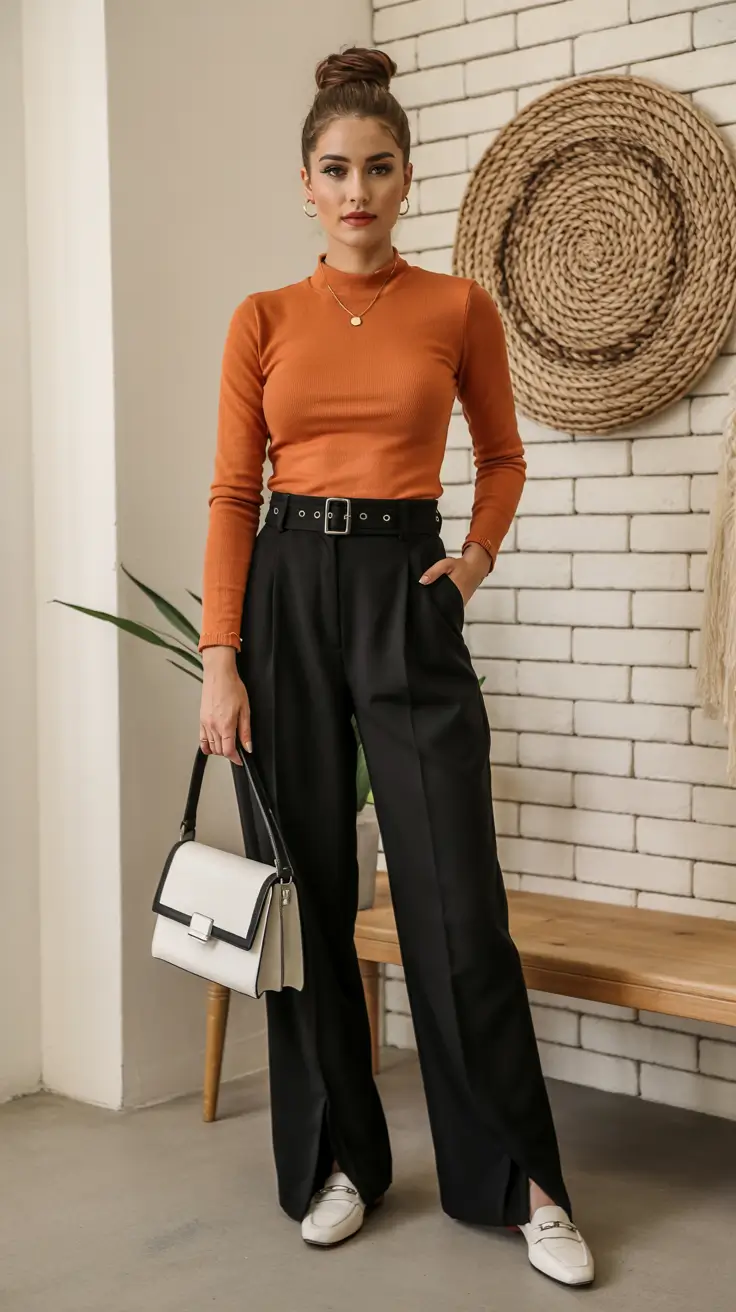 Trendy office outfits for work 2026 – Orange Knit And Black Wide-Leg Trousers For Everyday Impact