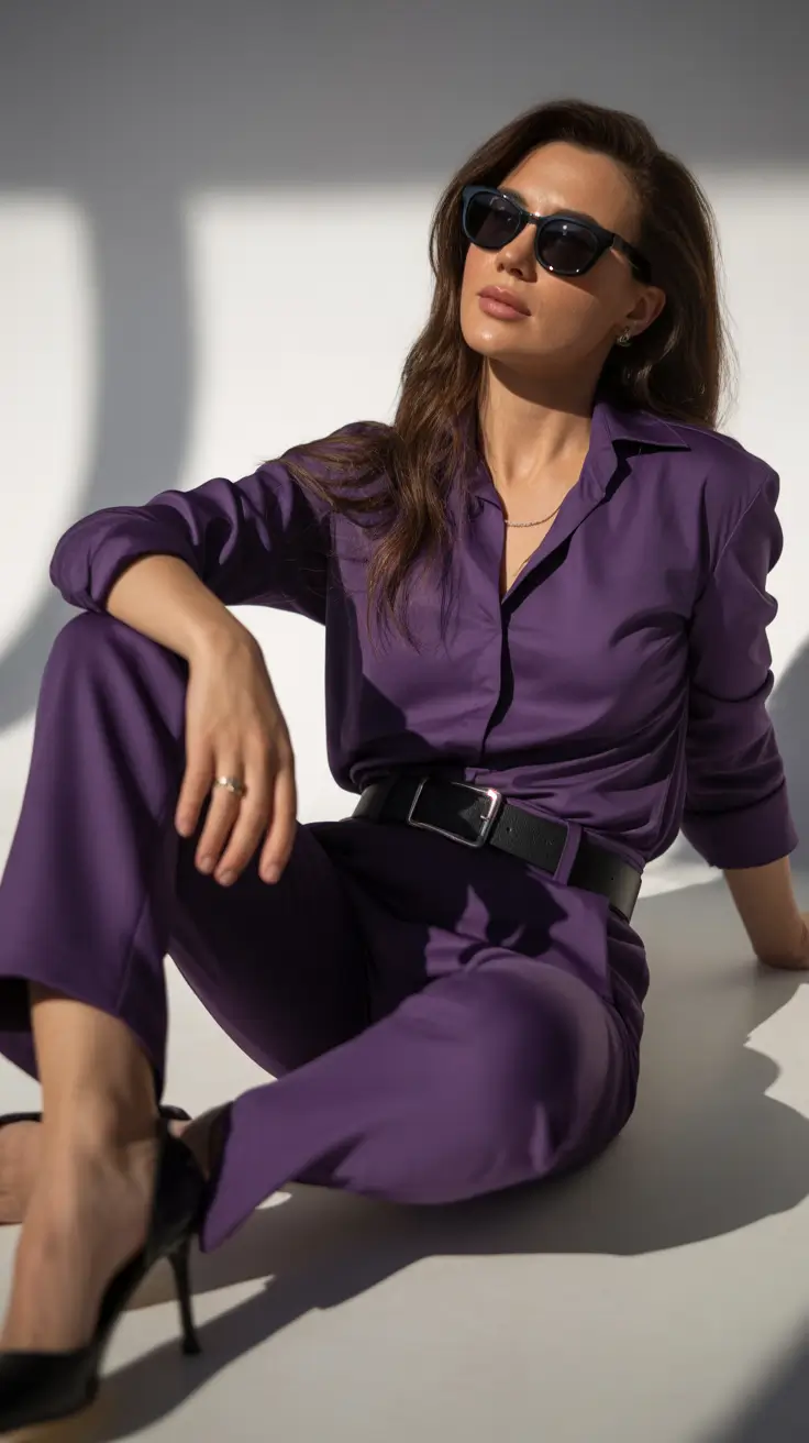 Trendy outfits for women over 40 in 2026 – Monochrome Purple Power for Night Out Confidence