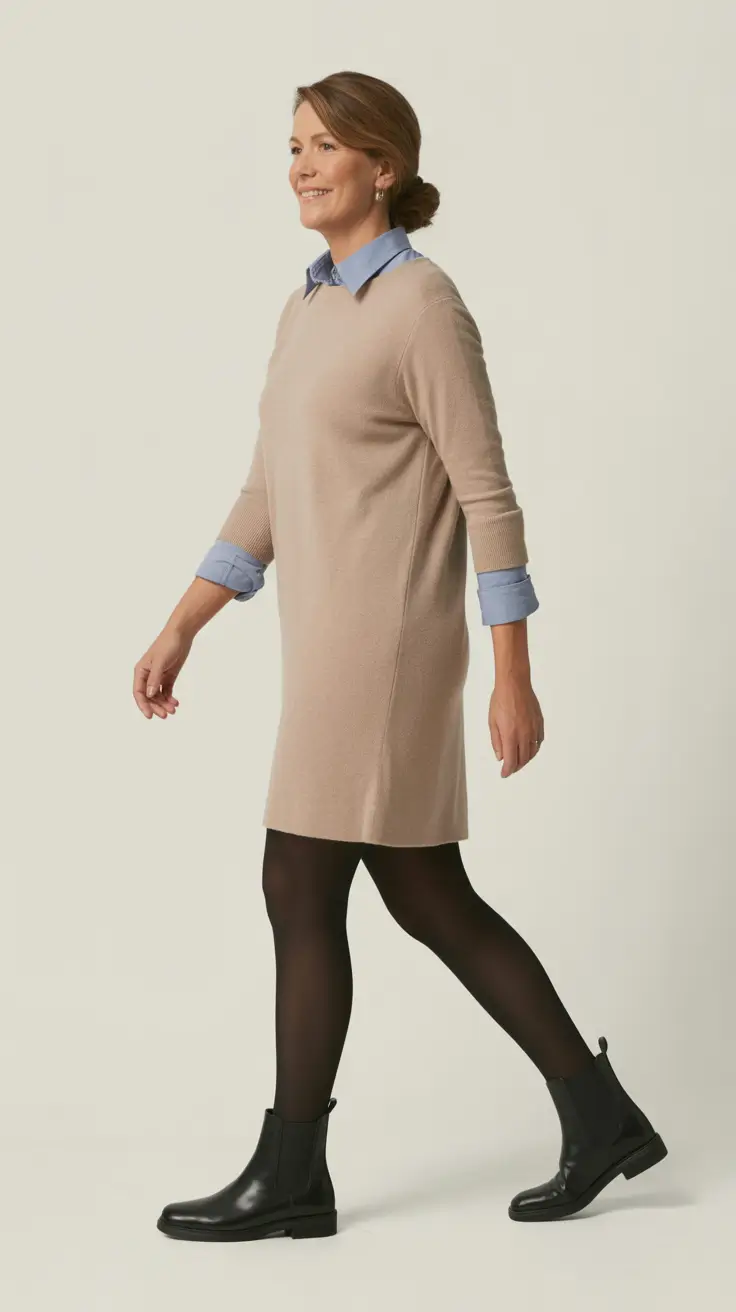 Trendy outfits for women over 40 in 2026 – Layered Sweater Dress for Cozy Daily Style