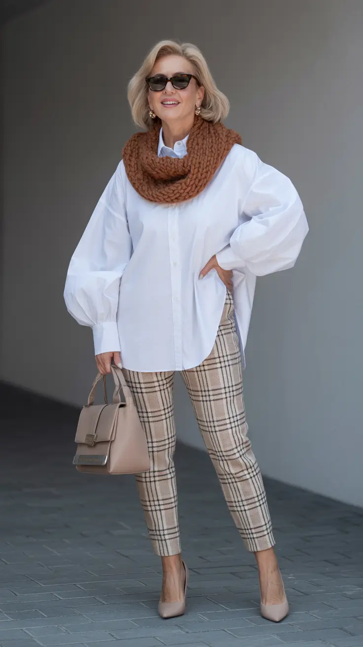 Trendy outfits for women over 40 in 2026 – Oversized Shirt and Check Pants for Fall Casual Cool