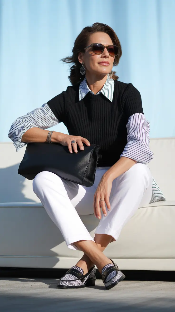 Trendy outfits for women over 40 in 2026 – Striped Shirting and Loafers for Polished Casual Chic