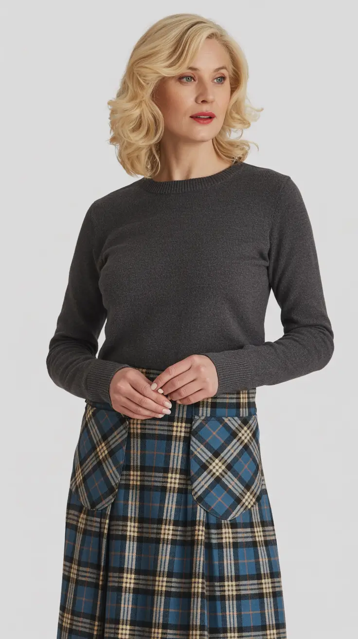 Trendy outfits for women over 40 in 2026 – Plaid Skirt and Charcoal Knit for Classic Winter Days