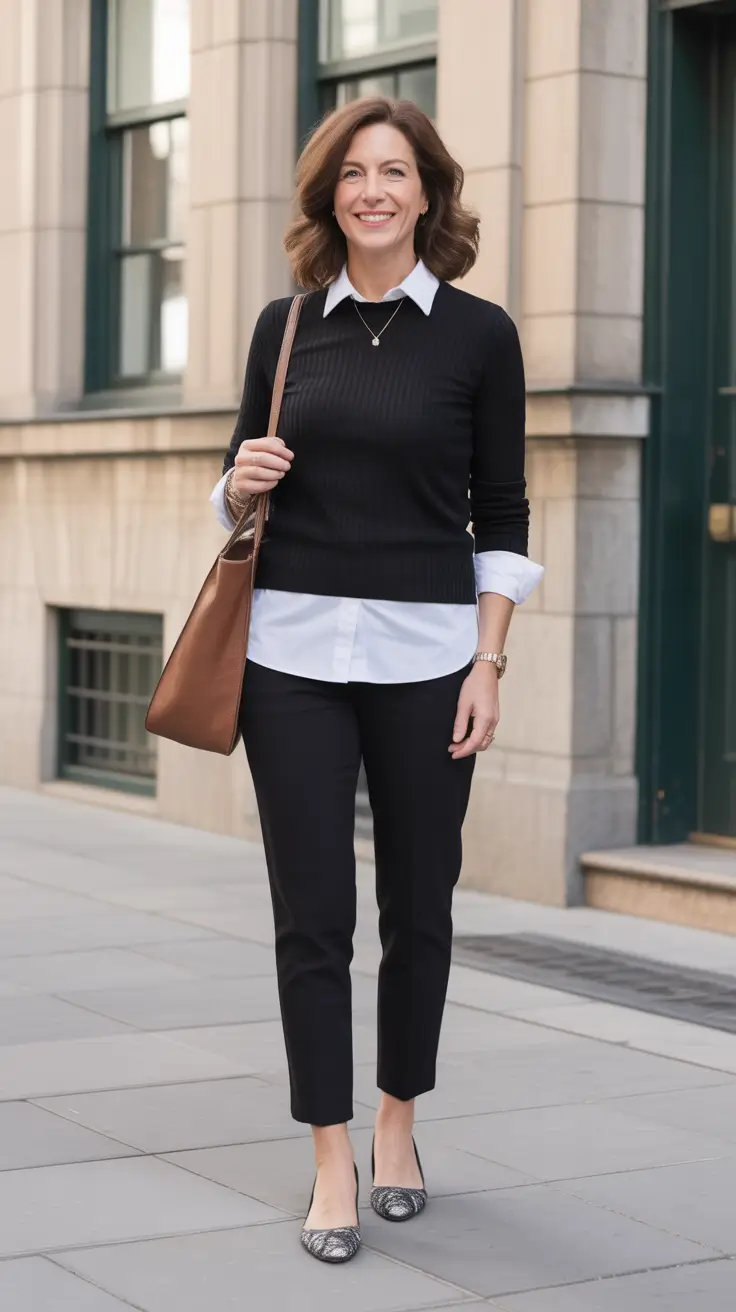 Trendy outfits for women over 40 in 2026 – Black and White Layers for City Career Ease