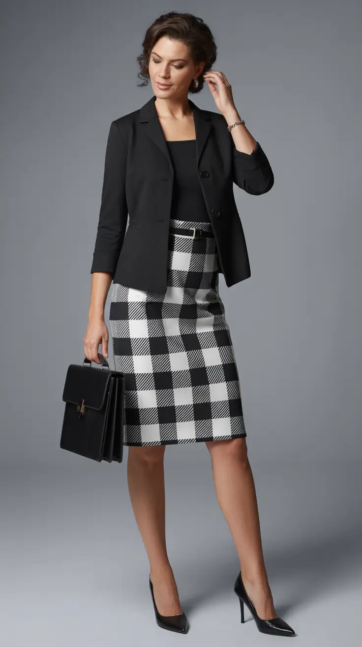 Trendy outfits for women over 40 in 2026 – Checked Pencil Skirt Suiting for Boardroom Confidence