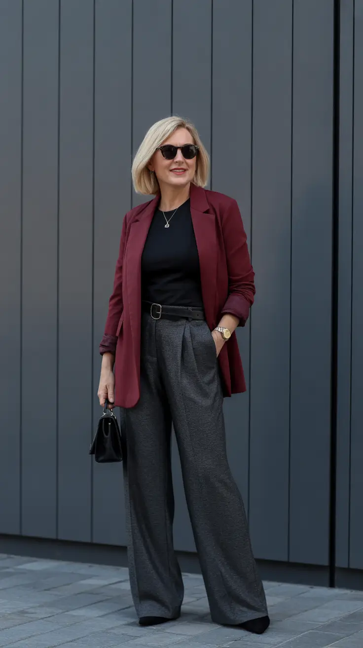 Trendy outfits for women over 40 in 2026 – Burgundy Blazer and Wide-Leg Trousers for Modern Power Dressing
