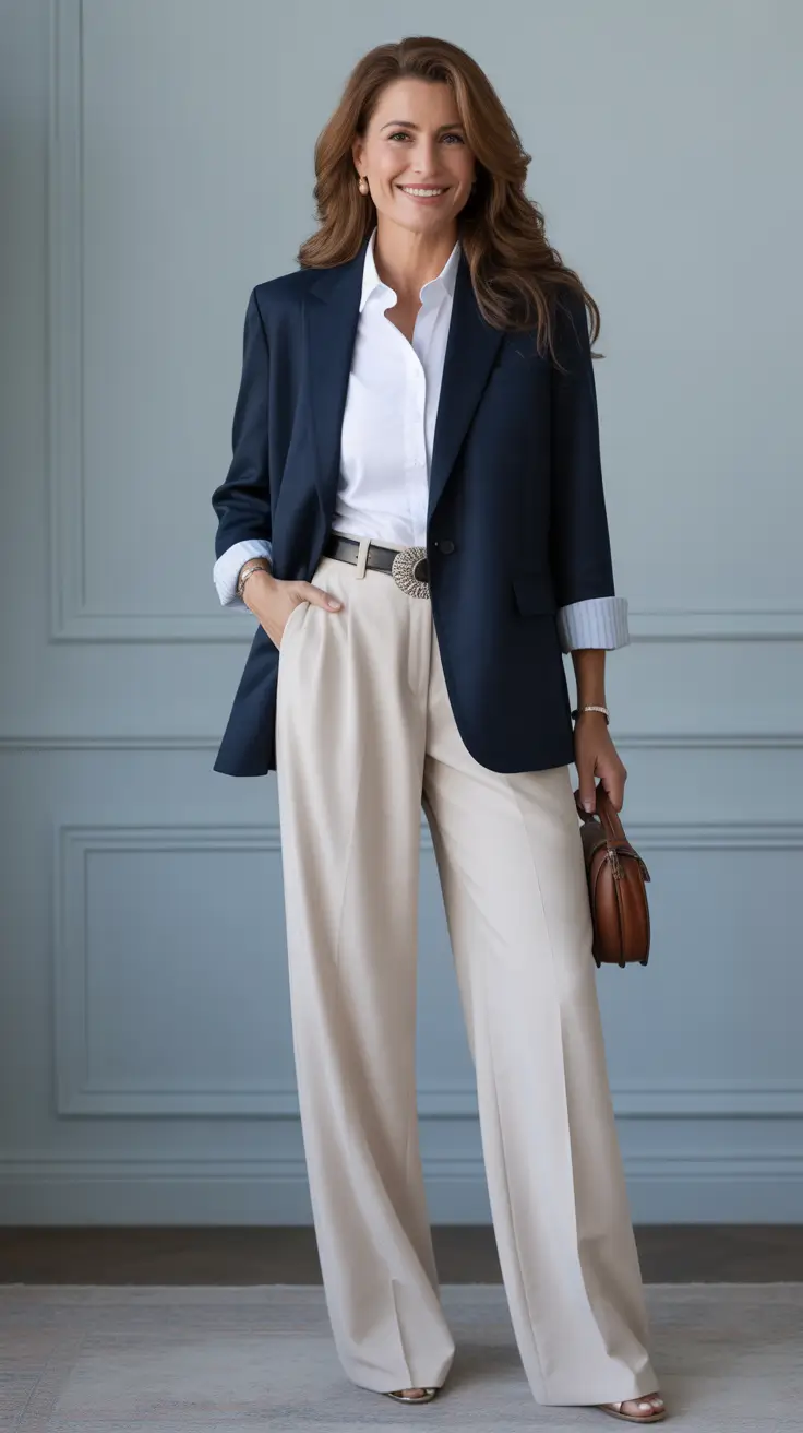 Trendy outfits for women over 40 in 2026 – Navy Blazer and Wide-Leg Trousers for Quiet Luxury