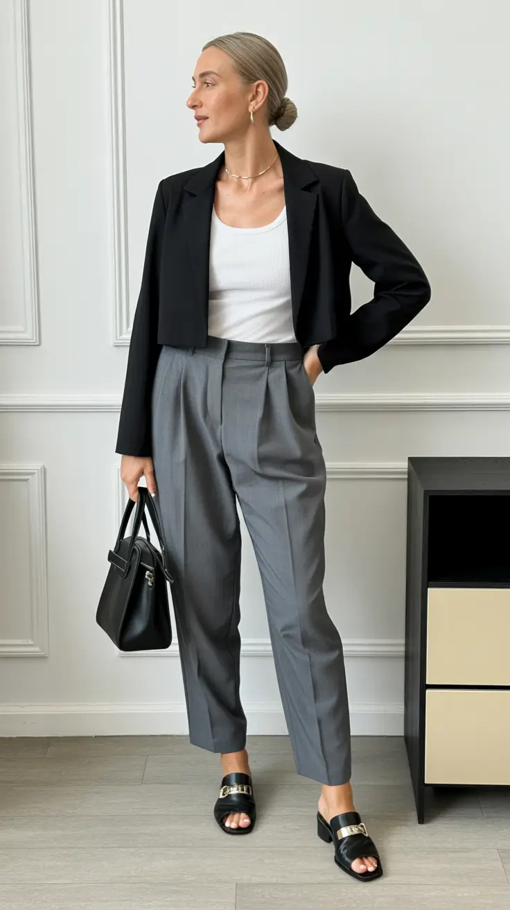 Trendy outfits for women over 40 in 2026 – Cropped Blazer Minimalism for Modern Workwear