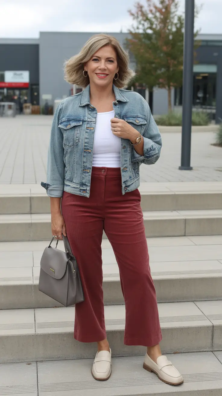 Trendy outfits for women over 40 in 2026 – Denim Jacket and Cords for Laid-Back Fall Days