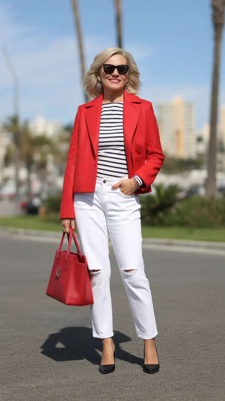 Trendy outfits for women over 40 in 2026 – Red Blazer Nautical Chic for City Summers