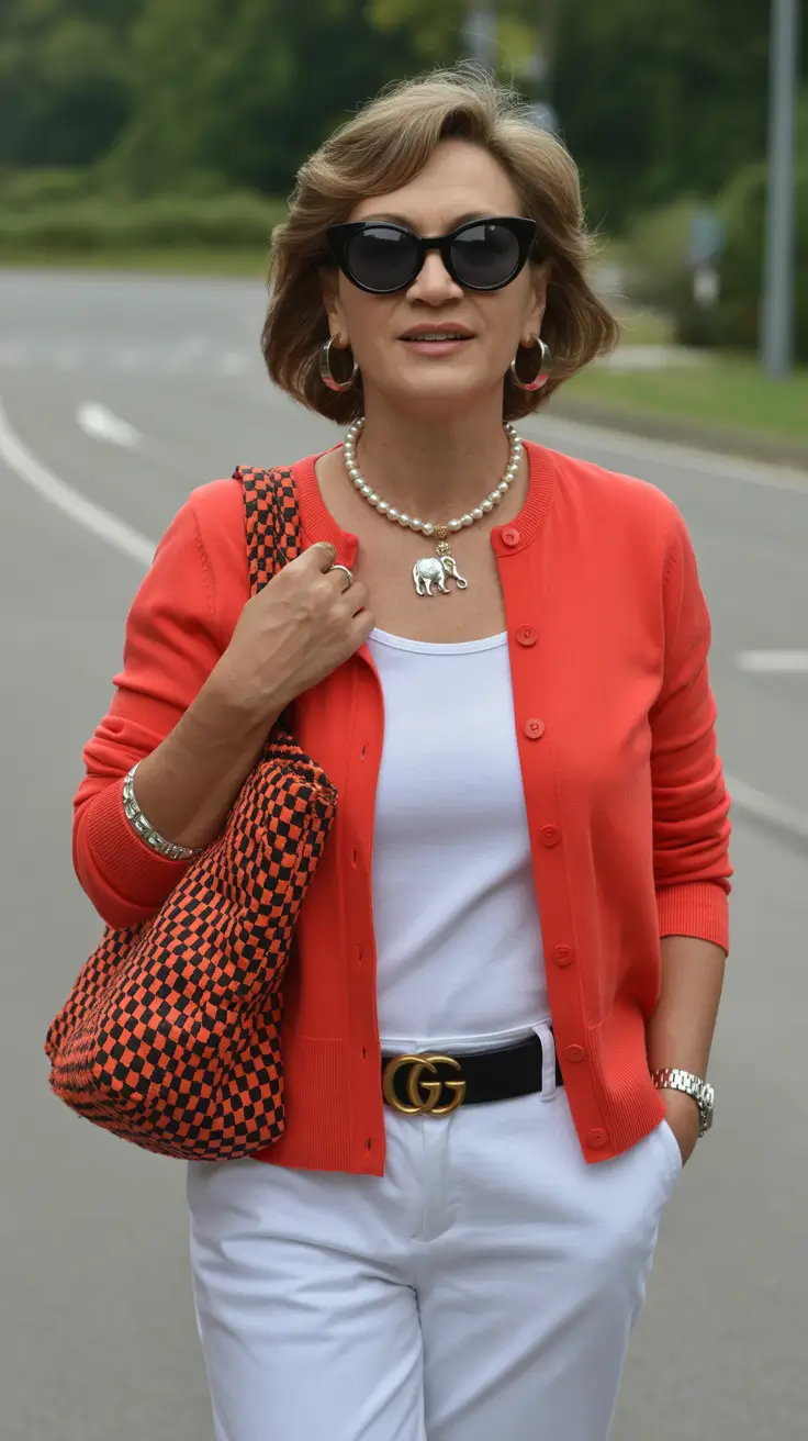 Trendy outfits for women over 40 in 2026 – Warm Coral Layers for Casual Holiday Moments