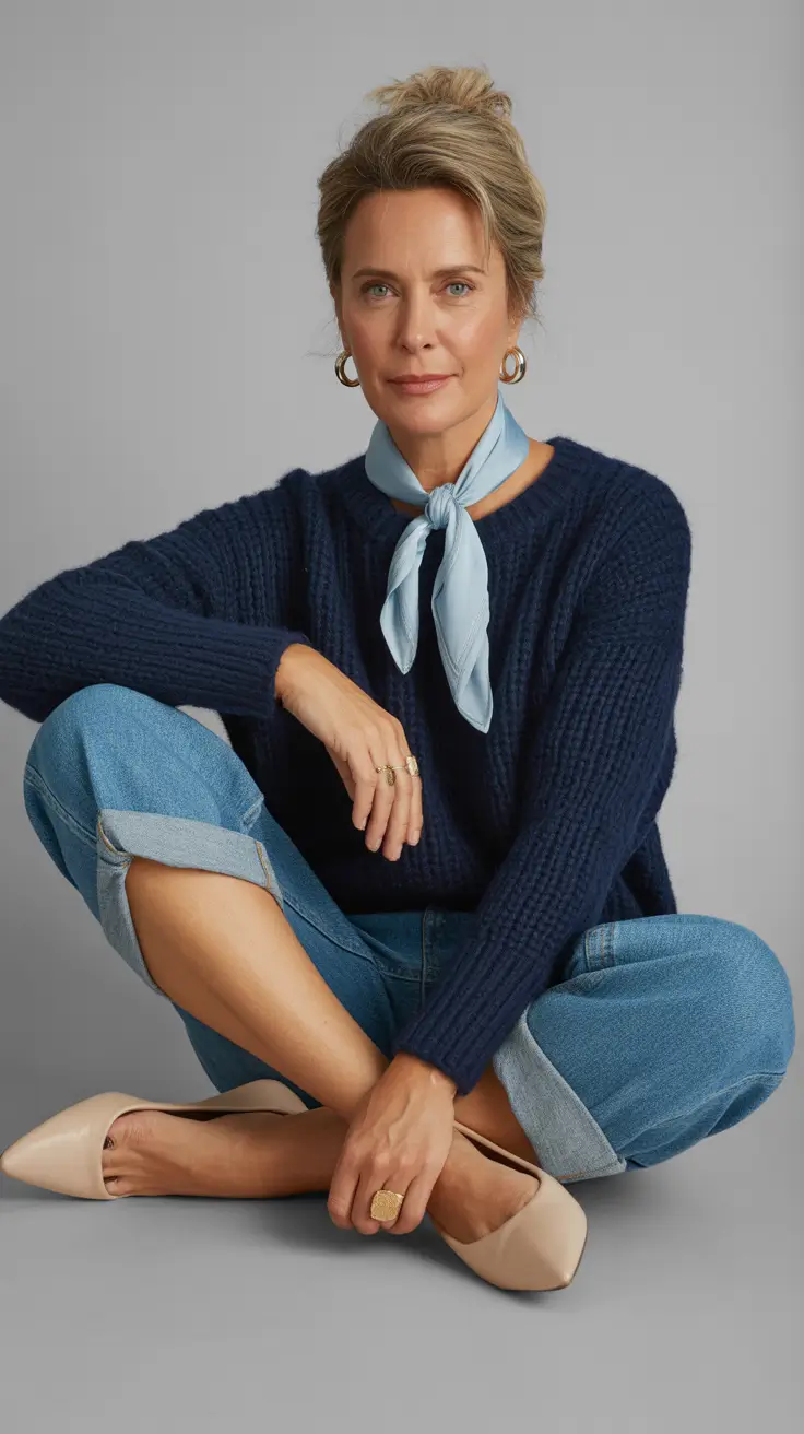 Trendy outfits for women over 40 in 2026 – Cozy Navy Knit for Relaxed Days In or Out