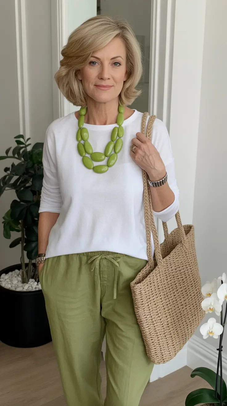 Trendy outfits for women over 50 in 2026 - Soft green and white for easy everyday polish