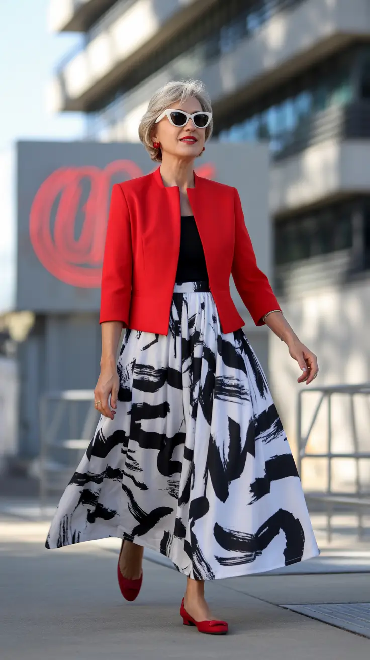 Trendy outfits for women over 50 in 2026 - Red jacket and graphic skirt for bold city chic