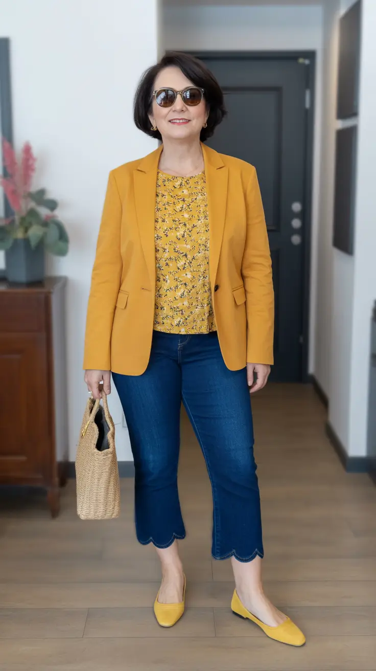 Trendy outfits for women over 50 in 2026 - Mustard blazer and scalloped jeans for sunny everyday style