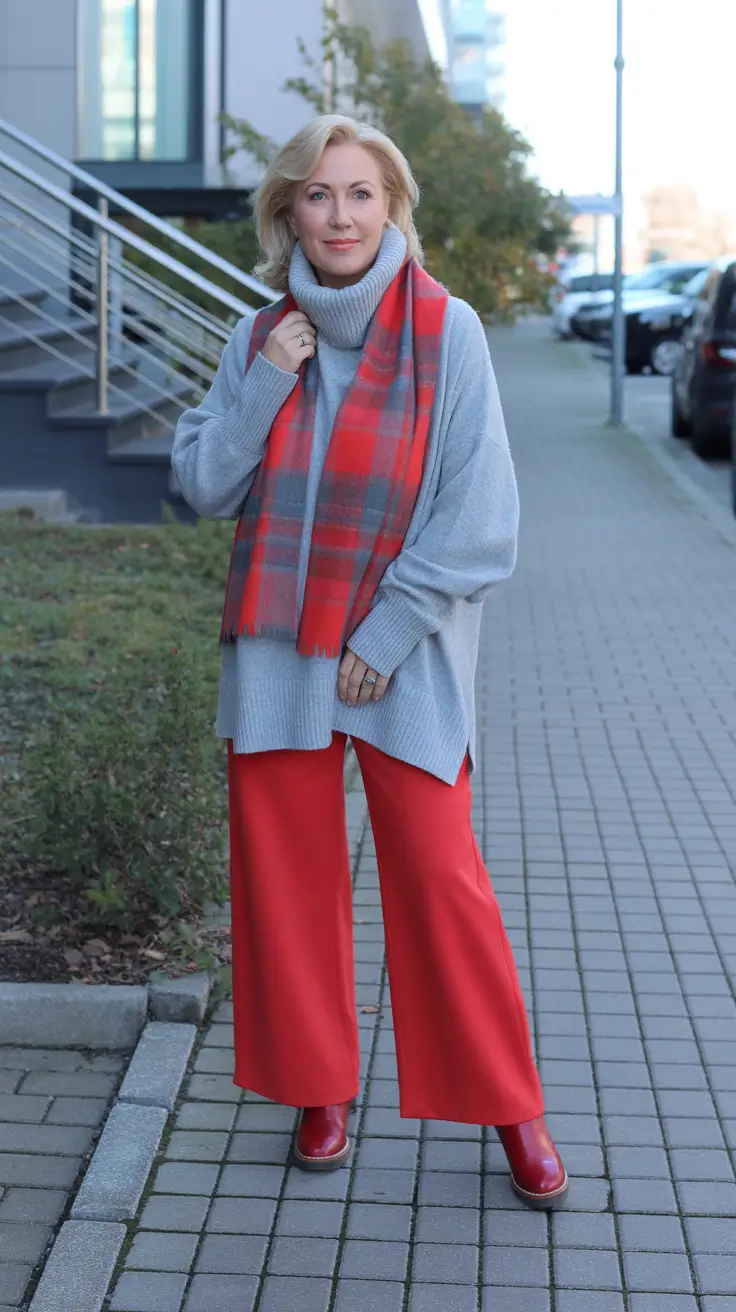 Trendy outfits for women over 50 in 2026 - Grey knit and red trousers for cozy statement days