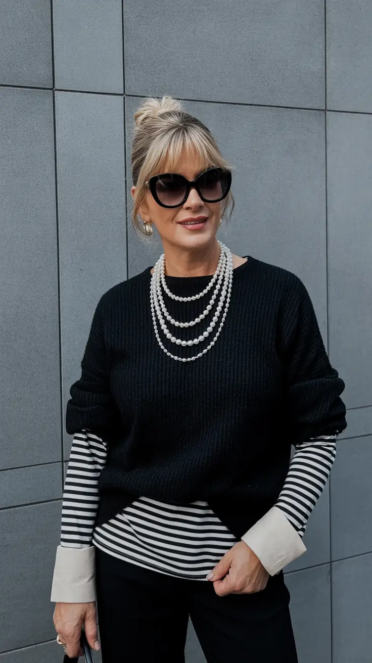 Trendy outfits for women over 50 in 2026 - Striped layers and pearls for Parisian-inspired polish