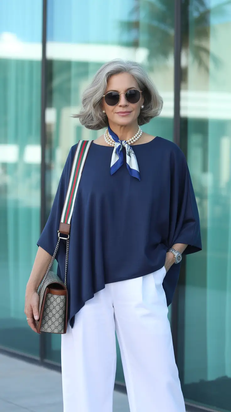 Trendy outfits for women over 50 in 2026 - Navy poncho top and white trousers for seaside elegance