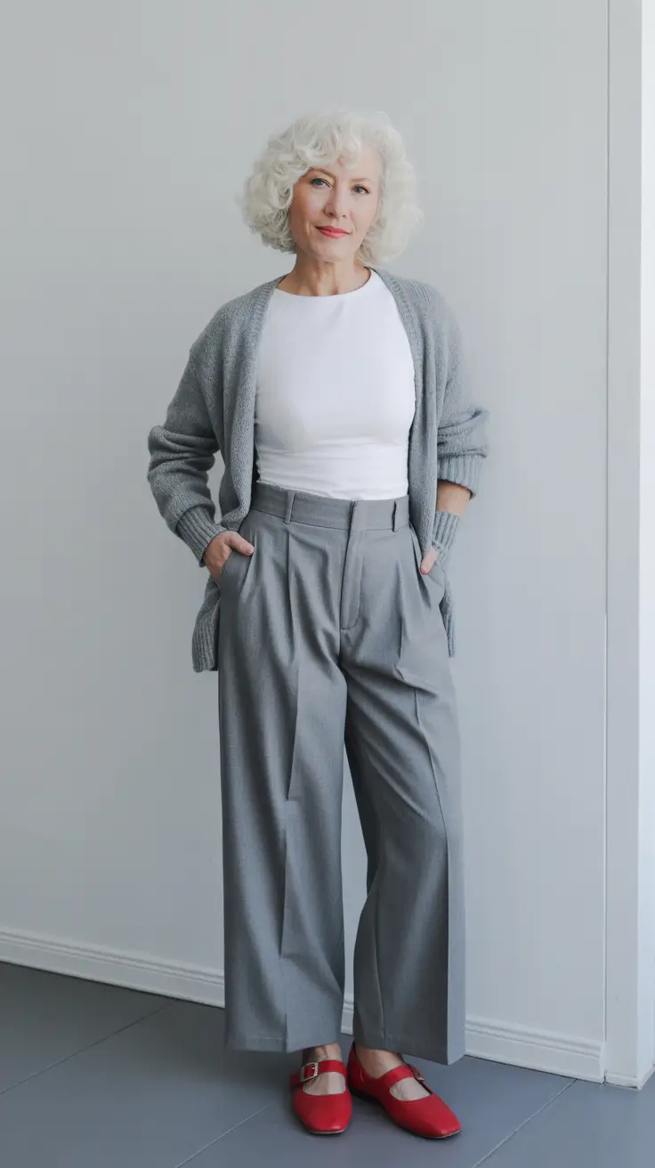 Trendy outfits for women over 50 in 2026 - Monochrome grey with red flats for quiet sophistication