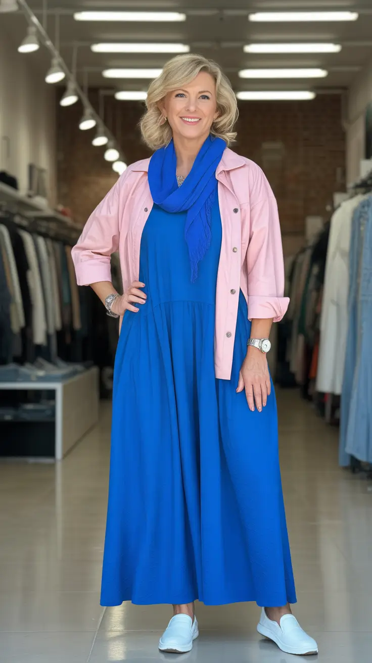 Trendy outfits for women over 50 in 2026 - Cobalt dress and pink overshirt for playful weekend days