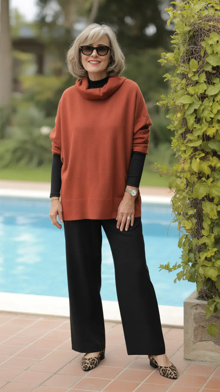 Trendy outfits for women over 50 in 2026 - Rust sweater and black trousers for chic poolside evenings