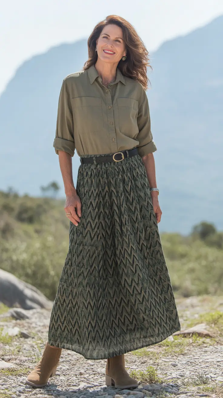Trendy outfits for women over 50 in 2026 - Olive shirt and patterned skirt for earthy adventure days