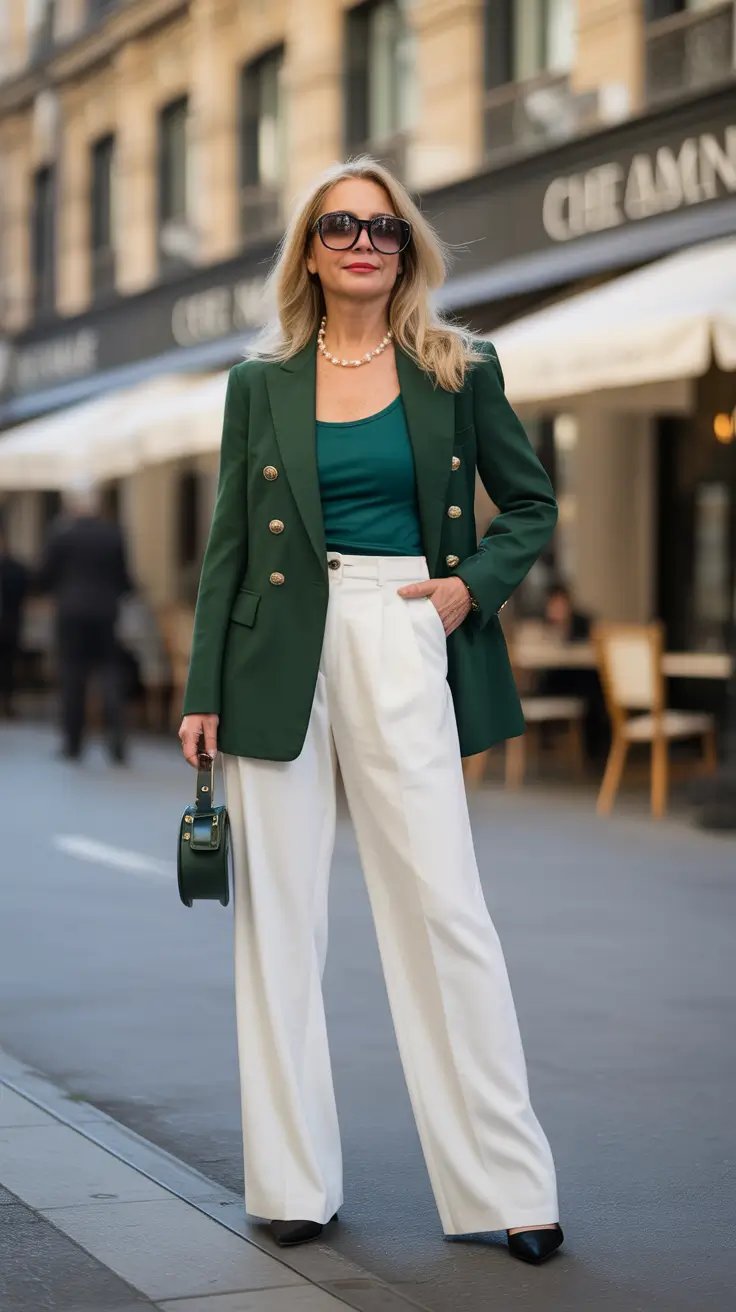 Trendy outfits for women over 50 in 2026 - Emerald blazer power for city days and dinners