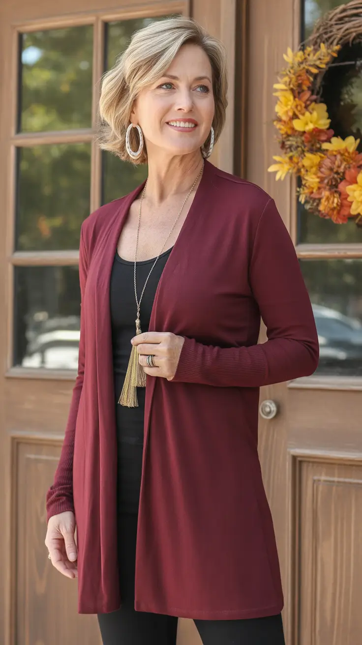 Trendy outfits for women over 50 in 2026 - Burgundy cardigan and black base for effortless fall layers
