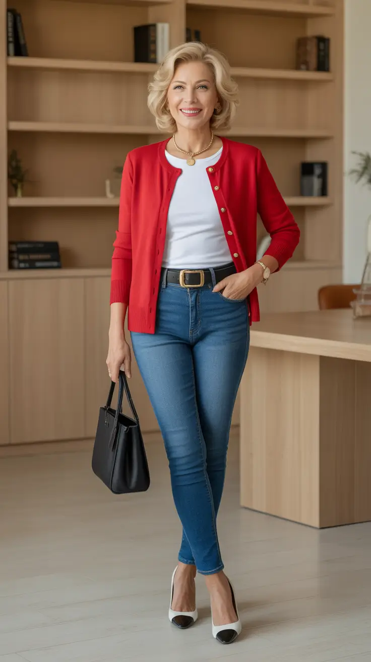 Trendy outfits for women over 50 in 2026 - Red cardigan and denim for confident everyday chic