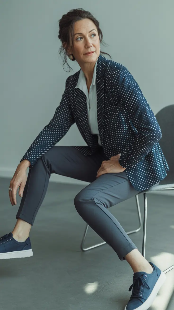 Trendy outfits for women over 50 in 2026 - Navy dots and sneakers for sleek office-to-weekend style