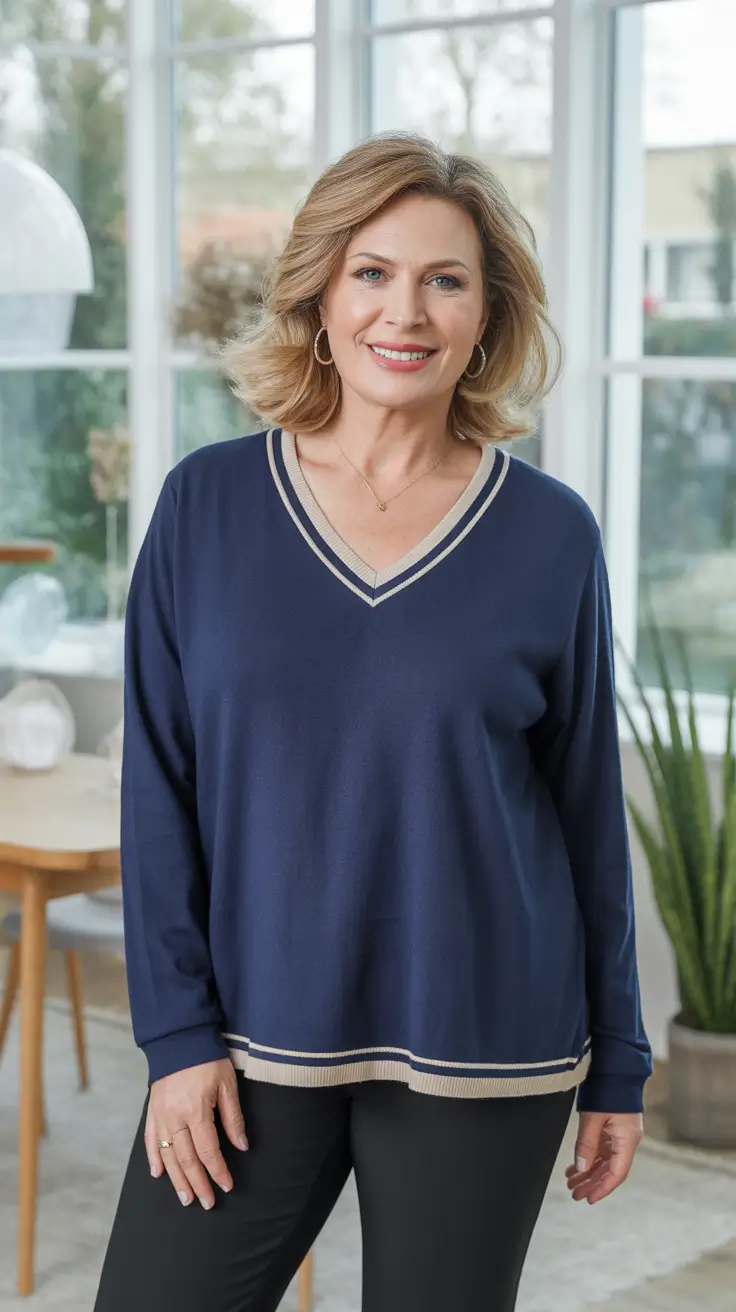 Trendy outfits for women over 50 in 2026 - V-neck navy knit for simple classic comfort