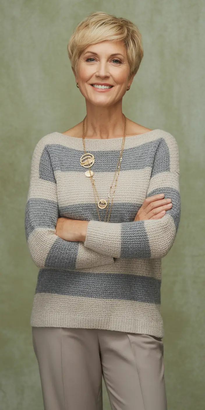 Trendy outfits for women over 50 in 2026 - Striped sweater neutrals for relaxed fall moments