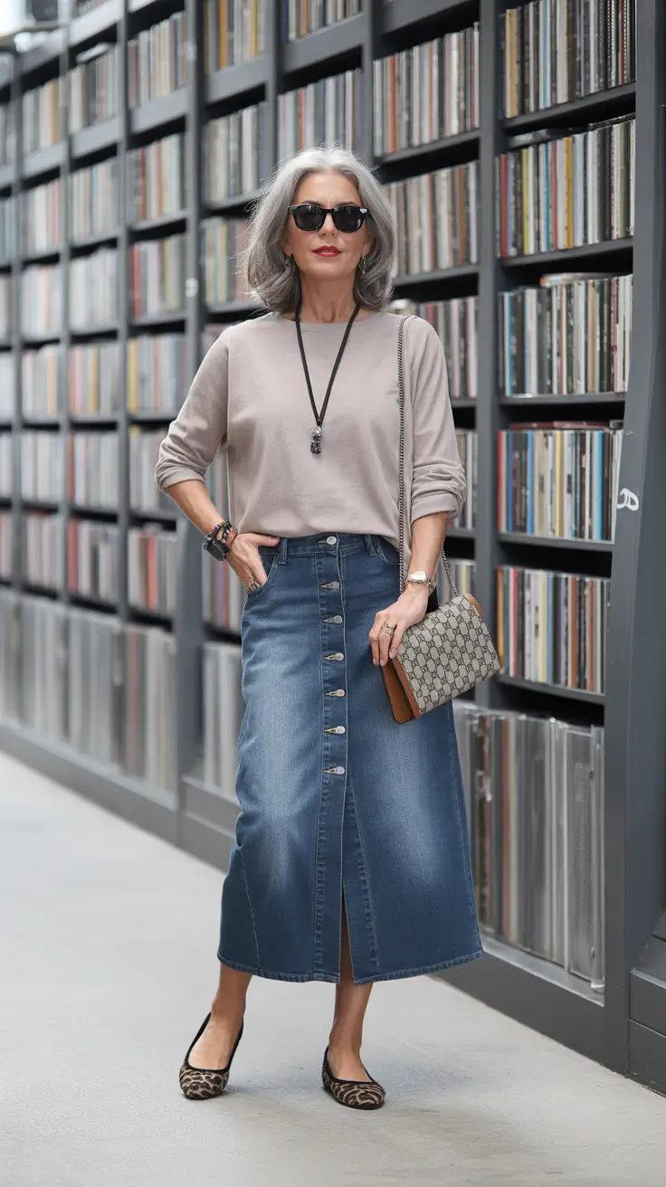 Trendy outfits for women over 50 in 2026 - Denim midi skirt for bookish city days