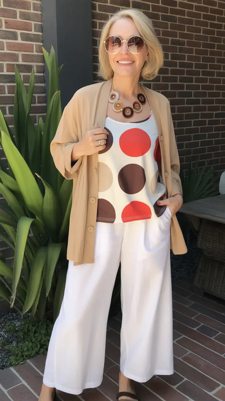 Trendy outfits for women over 50 in 2026 - Wide-leg whites and bold dots for sunny summer parties