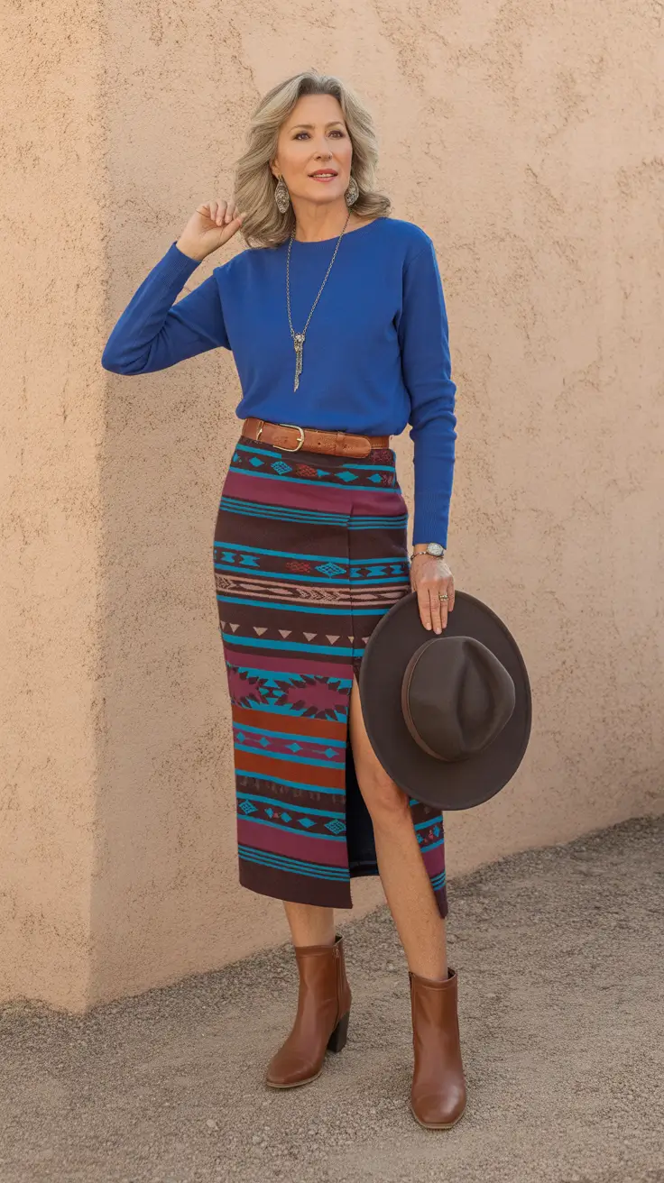 Trendy outfits for women over 50 in 2026 - Southwestern skirt and cobalt knit for artistic fall days