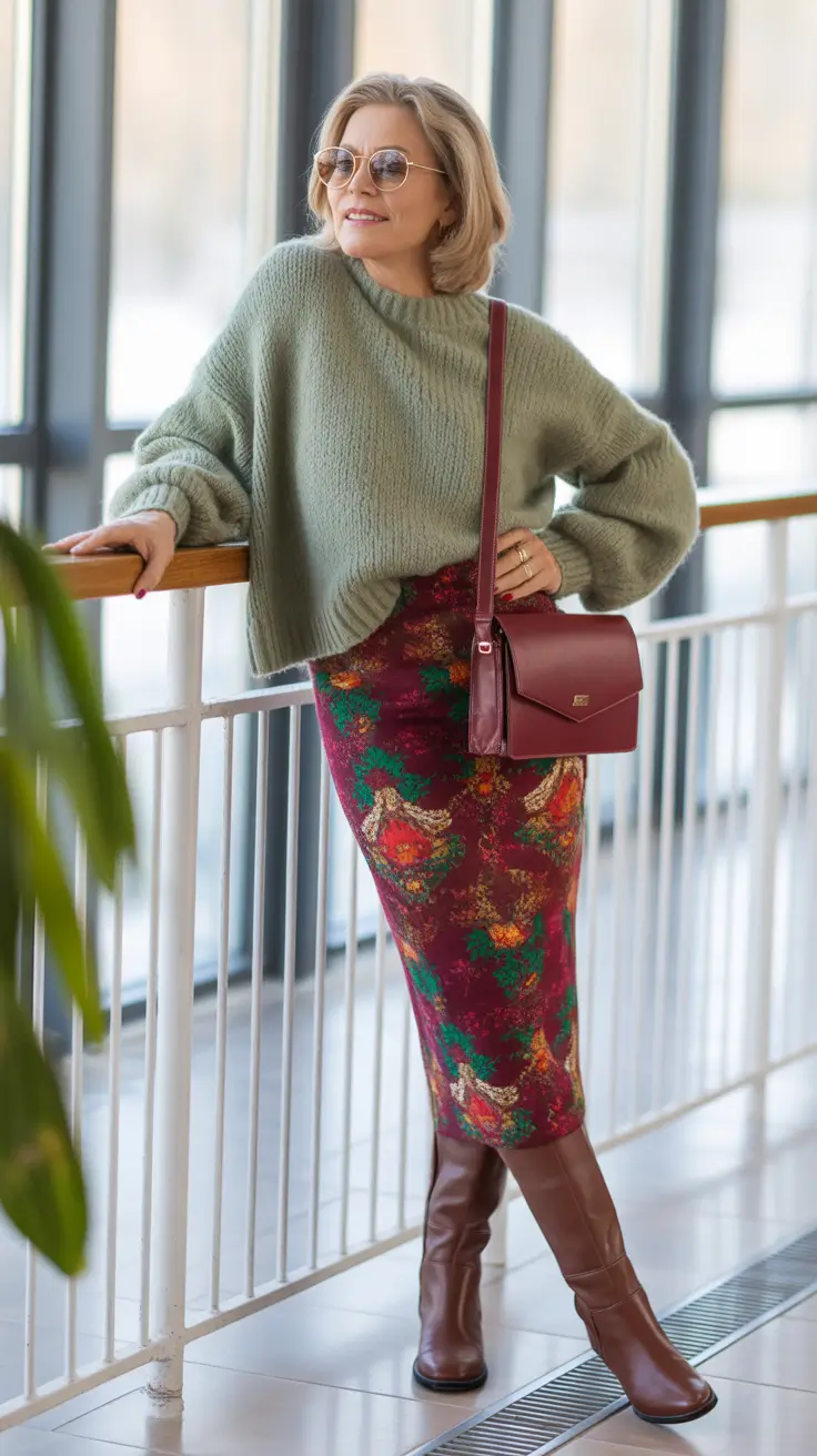 Trendy outfits for women over 50 in 2026 - Sage sweater and floral pencil for cozy chic evenings