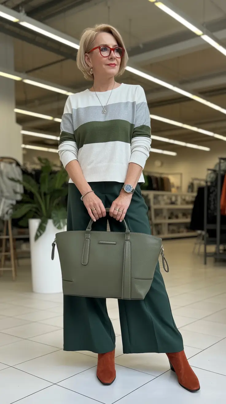 Trendy outfits for women over 50 in 2026 - Striped knit and forest trousers for smart errands