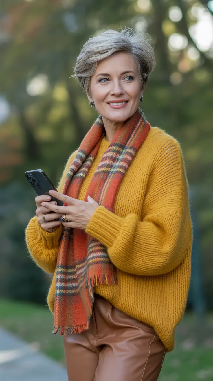 Trendy outfits for women over 50 in 2026 - Golden sweater and leather tones for crisp park walks