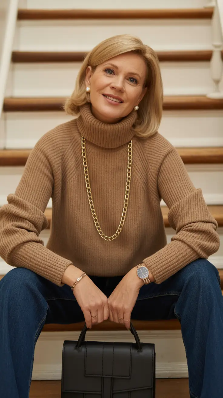 Trendy outfits for women over 50 in 2026 - Camel turtleneck and jeans for timeless everyday style