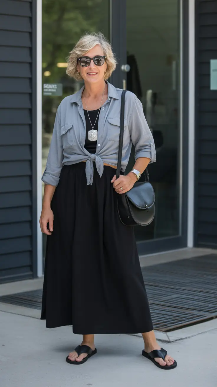 Trendy outfits for women over 50 in 2026 - Tied shirt and black maxi for relaxed travel vibes
