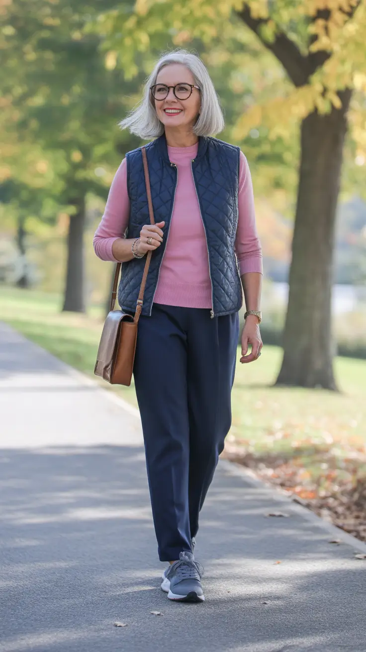 Trendy outfits for women over 50 in 2026 - Pink knit and navy joggers for sporty strolls